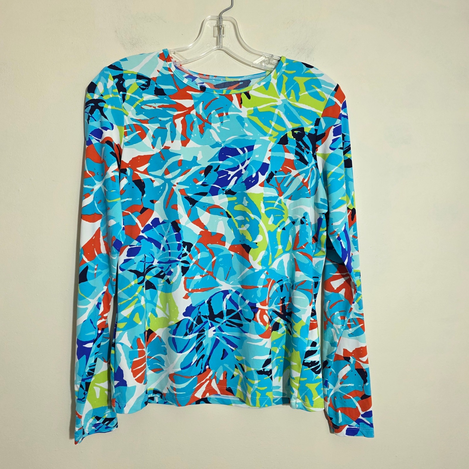Lands End Women Rash Guard Tropical Leaf Print Long Sleeve Swim Top Blue Size S